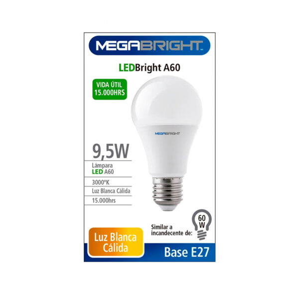 AMPOLLETA LED 9,5 W. E-27 LUZ CALIDA MEGABRIGHT Ampolleta Led 9 w. Luz Cálida Megabright